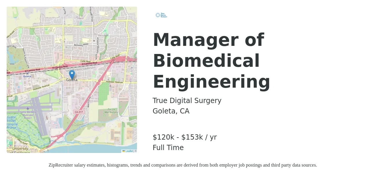 True Digital Surgery job posting for a Manager of Biomedical Engineering in Goleta, CA with a salary of $120,000 to $153,000 Yearly with a map of Goleta location.