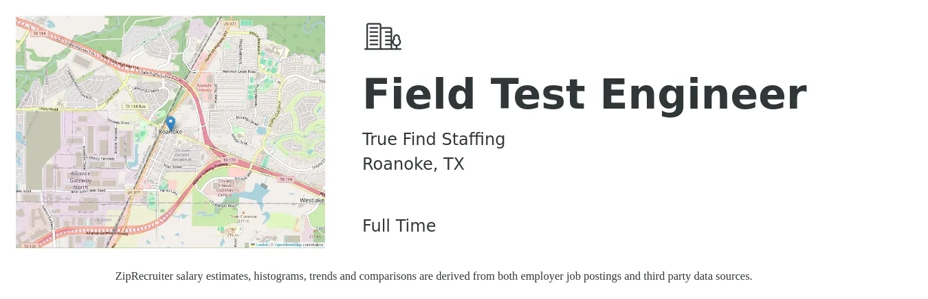 True Find Staffing job posting for a Field Test Engineer in Roanoke, TX with a salary of $27 to $46 Hourly with a map of Roanoke location.