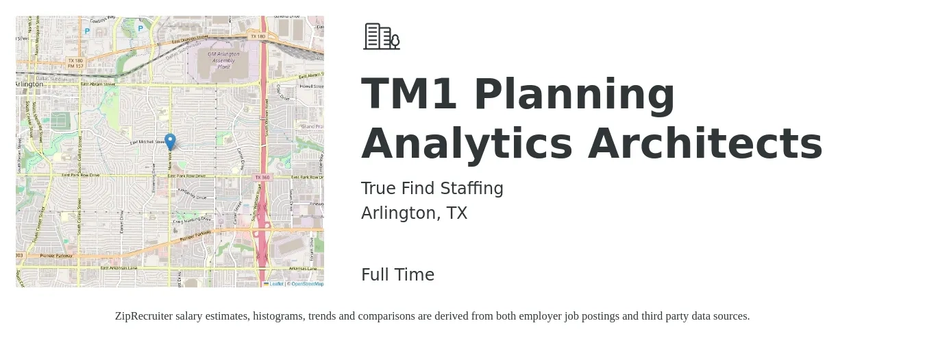 True Find Staffing job posting for a TM1 Planning Analytics Architects in Arlington, TX with a salary of $69,000 to $101,200 Yearly with a map of Arlington location.