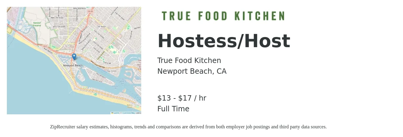 True Food Kitchen job posting for a Hostess/Host in Newport Beach, CA with a salary of $14 to $18 Hourly with a map of Newport Beach location.