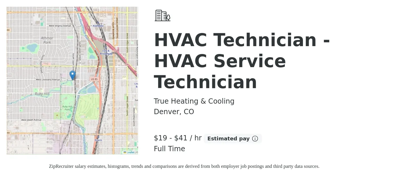 True Heating & Cooling job posting for a HVAC Technician - HVAC Service Technician in Denver, CO with a salary of $20 to $43 Hourly with a map of Denver location.