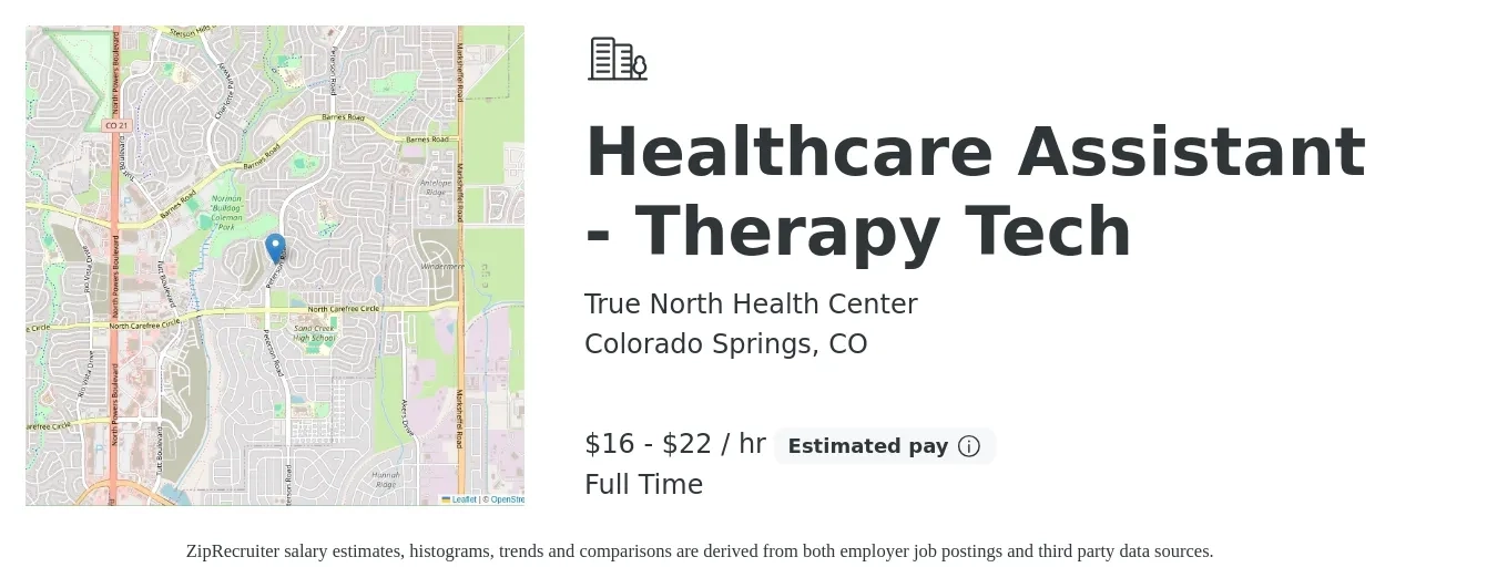 True North Health Center job posting for a Healthcare Assistant - Therapy Tech in Colorado Springs, CO with a salary of $17 to $23 Hourly with a map of Colorado Springs location.