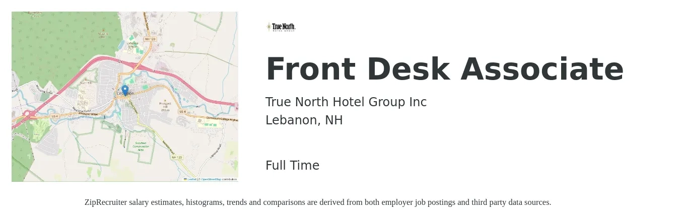 True North Hotel Group Inc job posting for a Front Desk Associate in Lebanon, NH with a salary of $16 to $20 Hourly with a map of Lebanon location.