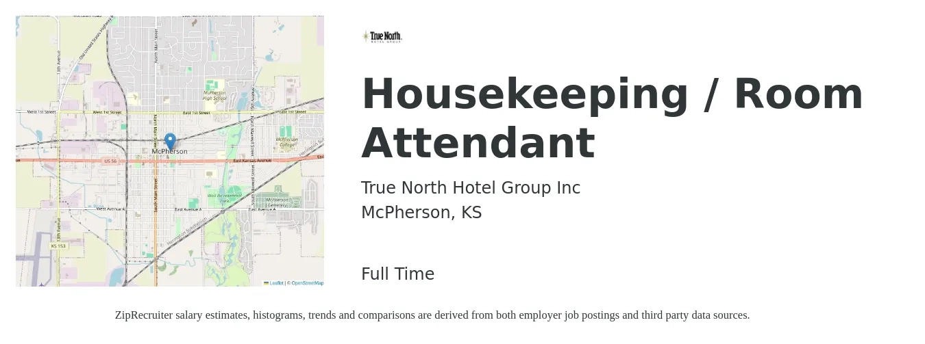 True North Hotel Group Inc job posting for a Housekeeping / Room Attendant in McPherson, KS with a salary of $12 to $15 Hourly with a map of McPherson location.