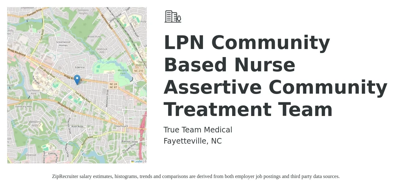 True Team Medical job posting for a LPN - Community Based Nurse - Assertive Community Treatment Team in Fayetteville, NC with a salary of $24 to $32 Hourly with a map of Fayetteville location.