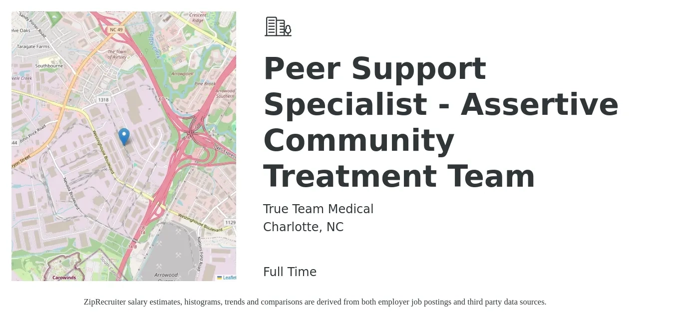 True Team Medical job posting for a Peer Support Specialist - Assertive Community Treatment Team in Charlotte, NC with a salary of $17 to $22 Hourly with a map of Charlotte location.
