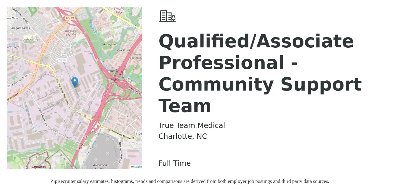 True Team Medical job posting for a Qualified/Associate Professional - Community Support Team in Charlotte, NC with a salary of $16 to $19 Hourly with a map of Charlotte location.