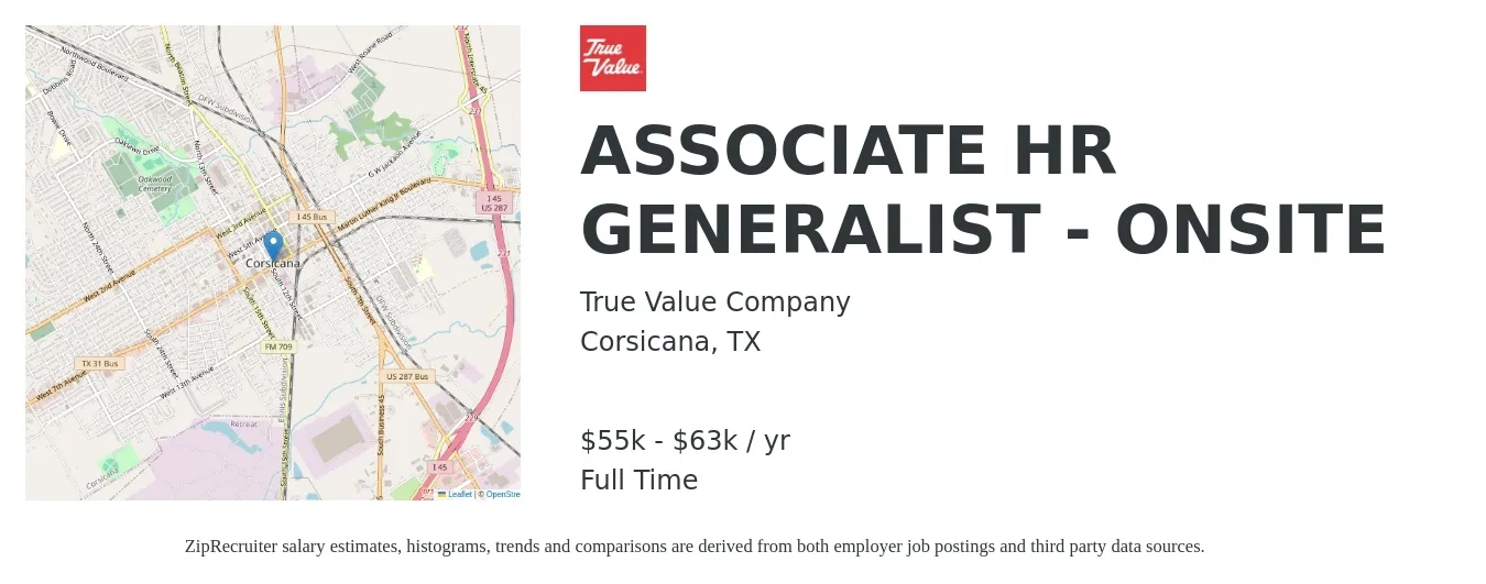 True Value Company, LLC job posting for a ASSOCIATE HR GENERALIST - ONSITE in Corsicana, TX with a salary of $55,000 to $63,000 Yearly with a map of Corsicana location.