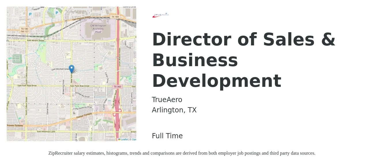 TrueAero job posting for a Director of Sales & Business Development in Arlington, TX with a salary of $79,200 to $133,200 Yearly with a map of Arlington location.
