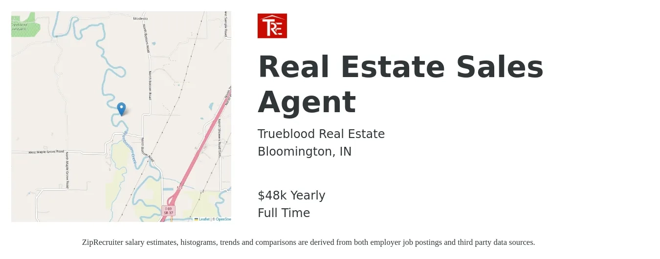 Trueblood Real Estate job posting for a Real Estate Sales Agent in Bloomington, IN with a salary of $48,227 Yearly with a map of Bloomington location.