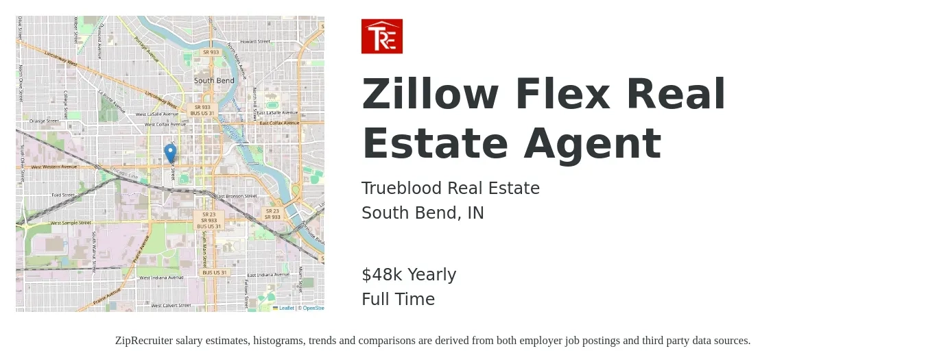 Trueblood Real Estate job posting for a Zillow Flex Real Estate Agent in South Bend, IN with a salary of $48,227 Yearly with a map of South Bend location.