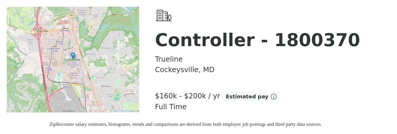 Trueline job posting for a Controller - 1800370 in Cockeysville, MD with a salary of $160,000 to $200,000 Yearly with a map of Cockeysville location.
