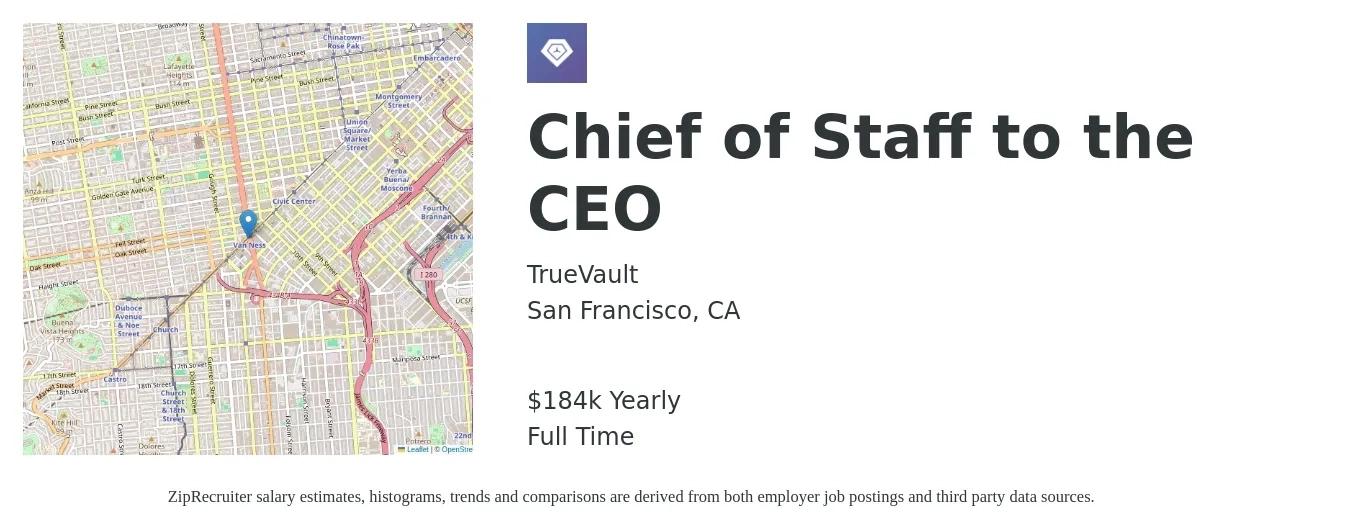 TrueVault job posting for a Chief of Staff to the CEO in San Francisco, CA with a salary of $184,000 Yearly with a map of San Francisco location.