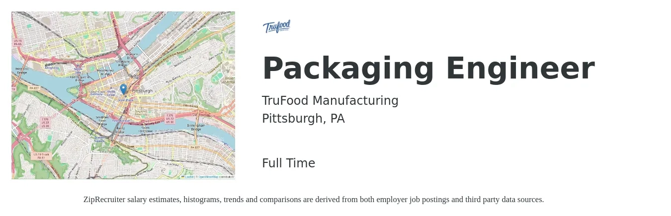 TruFood Manufacturing job posting for a Packaging Engineer in Pittsburgh, PA with a salary of $33 to $50 Hourly with a map of Pittsburgh location.