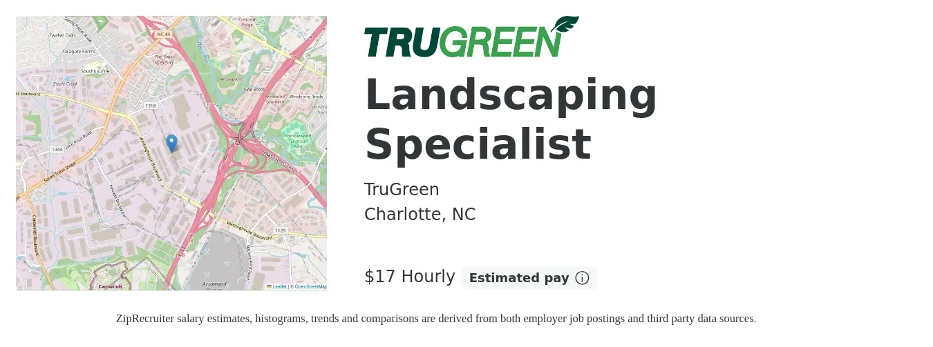 TruGreen job posting for a Landscaping Specialist in Charlotte, NC with a salary of $18 Hourly with a map of Charlotte location.