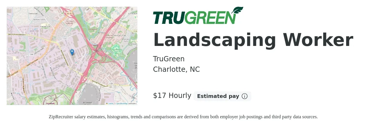 TruGreen job posting for a Landscaping Worker in Charlotte, NC with a salary of $18 Hourly with a map of Charlotte location.