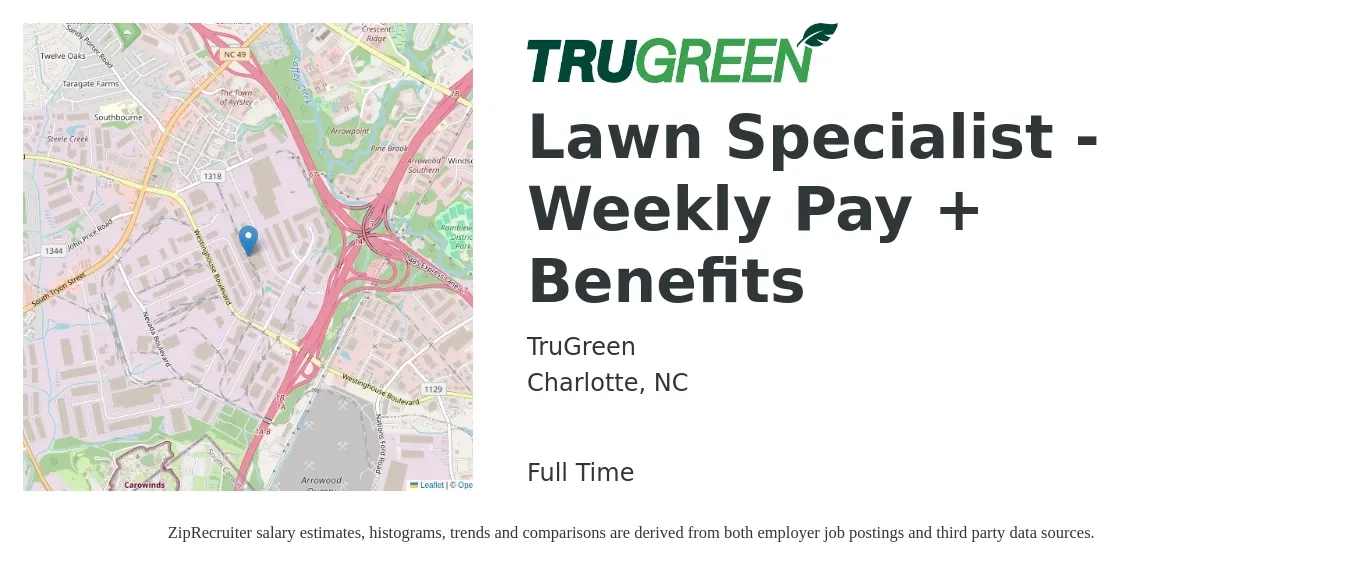 TruGreen job posting for a Lawn Specialist - Weekly Pay + Benefits in Charlotte, NC with a salary of $18 Hourly with a map of Charlotte location.