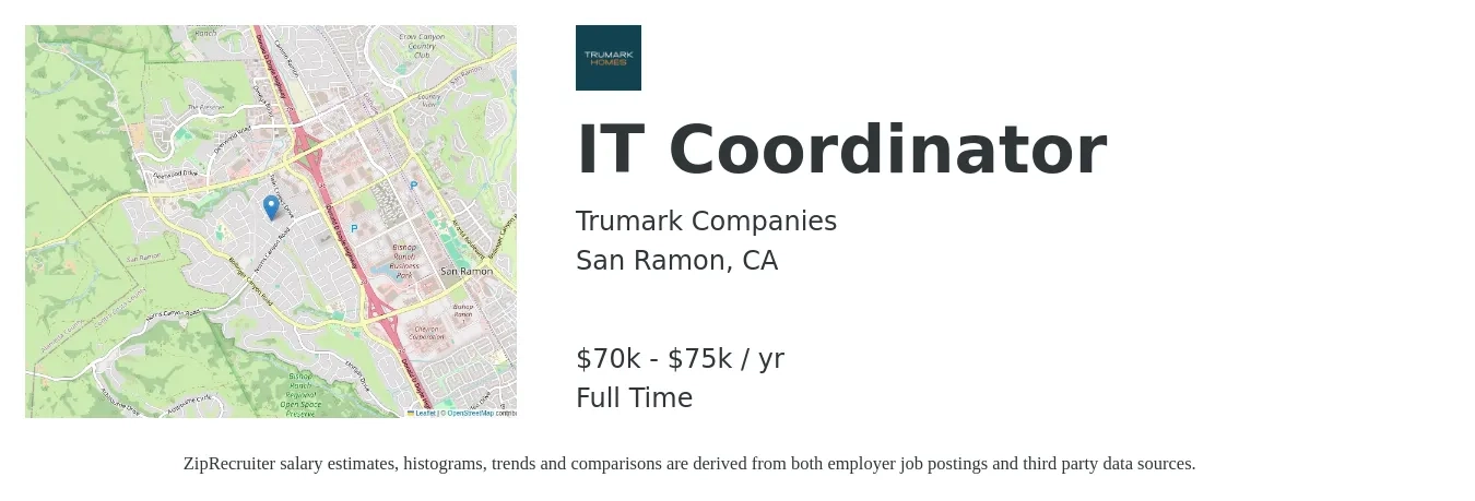 Trumark Companies job posting for a IT Coordinator in San Ramon, CA with a salary of $70,000 to $75,000 Yearly with a map of San Ramon location.