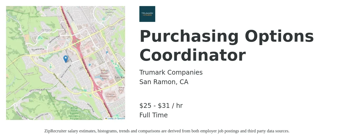 Trumark Companies job posting for a Purchasing Options Coordinator in San Ramon, CA with a salary of $26 to $33 Hourly with a map of San Ramon location.