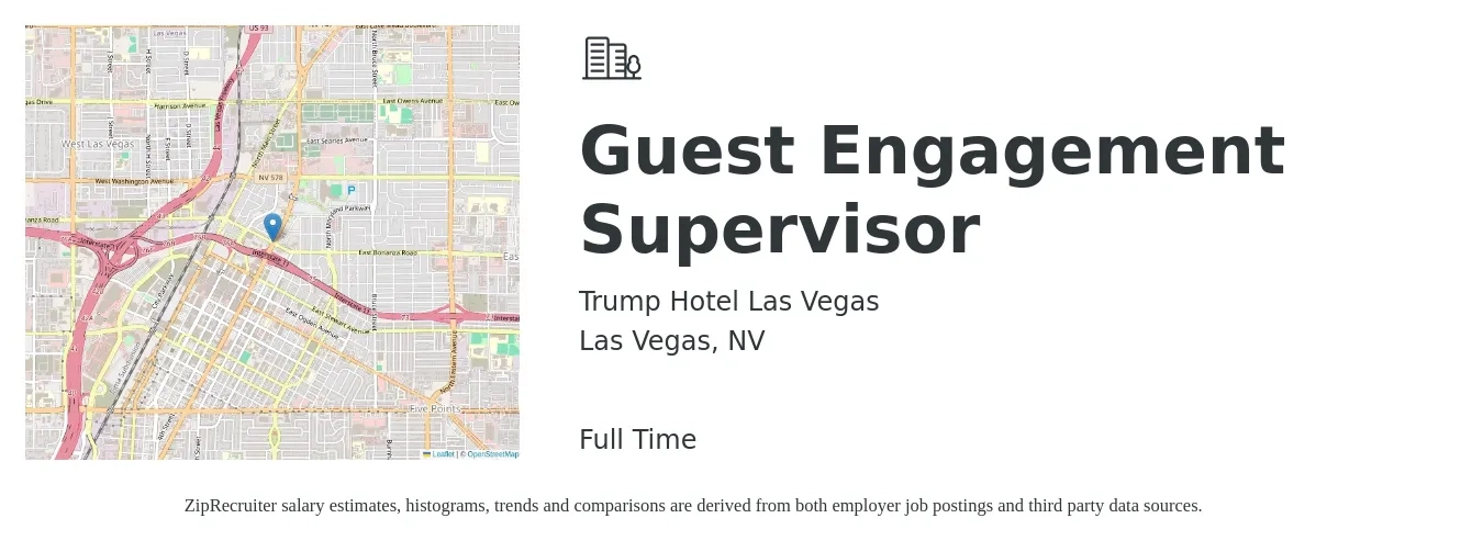 Trump Hotel Las Vegas job posting for a Guest Engagement Supervisor in Las Vegas, NV with a salary of $51,600 to $89,800 Yearly with a map of Las Vegas location.