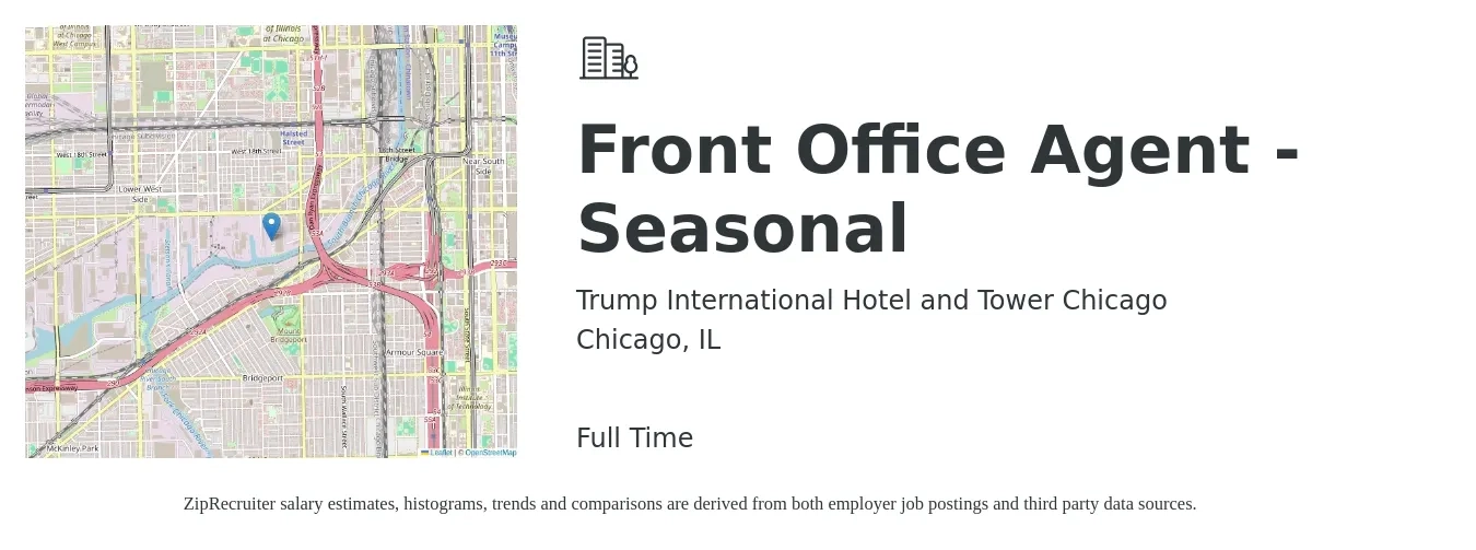 Trump International Hotel and Tower Chicago job posting for a Front Office Agent - Seasonal in Chicago, IL with a salary of $17 to $20 Hourly with a map of Chicago location.