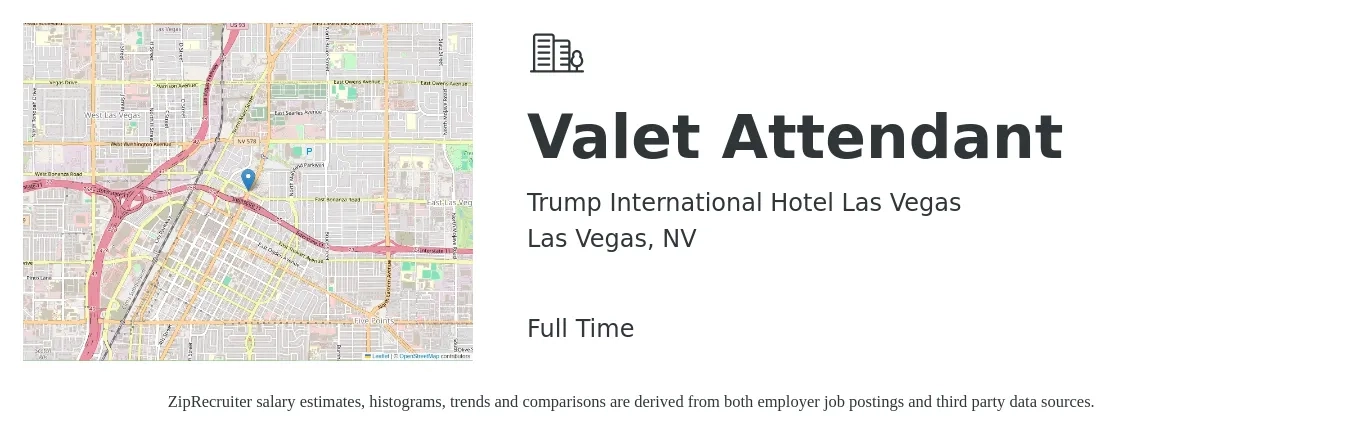 Trump International Hotel Las Vegas job posting for a Valet Attendant in Las Vegas, NV with a salary of $14 to $17 Hourly with a map of Las Vegas location.