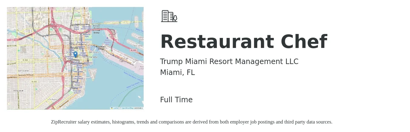 Trump Miami Resort Management LLC job posting for a Restaurant Chef in Miami, FL with a salary of $17 to $31 Hourly with a map of Miami location.