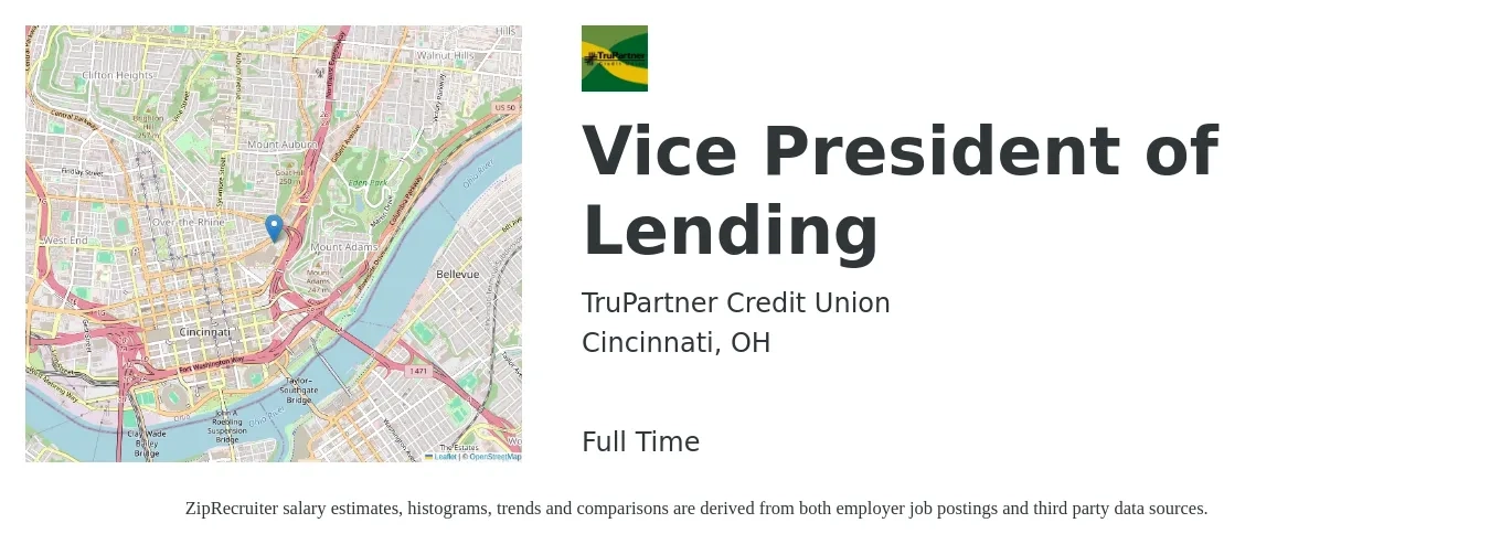 TruPartner Credit Union job posting for a Vice President of Lending in Cincinnati, OH with a salary of $110,400 to $182,400 Yearly with a map of Cincinnati location.