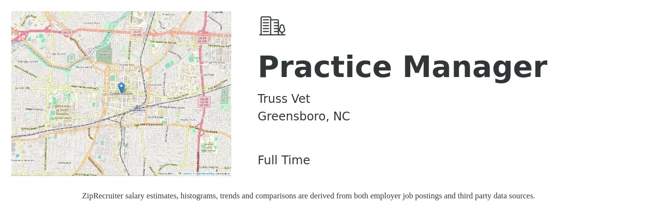 Truss Vet job posting for a Practice Manager in Greensboro, NC with a salary of $50,000 to $80,000 Yearly with a map of Greensboro location.