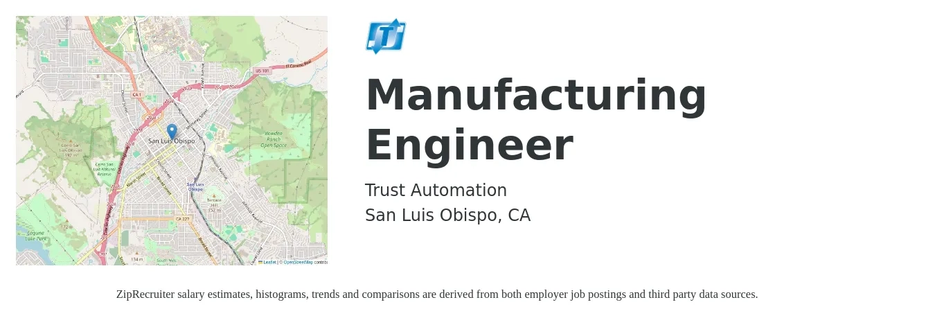Trust Automation job posting for a Manufacturing Engineer in San Luis Obispo, CA with a salary of $78,600 to $101,300 Yearly with a map of San Luis Obispo location.
