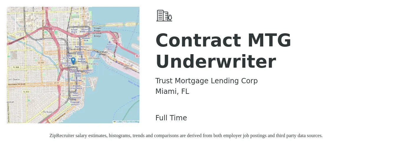 Trust Mortgage Lending Corp job posting for a Contract MTG Underwriter in Miami, FL with a salary of $58,300 to $83,200 Yearly with a map of Miami location.