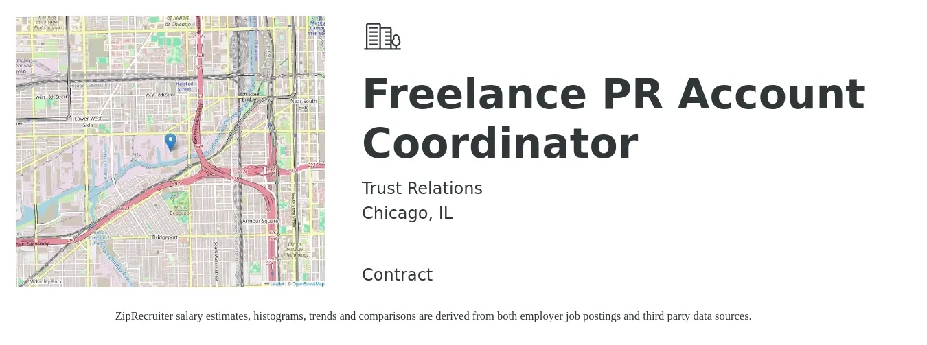 Trust Relations job posting for a Freelance PR Account Coordinator in Chicago, IL with a salary of $79,800 to $98,900 Yearly with a map of Chicago location.