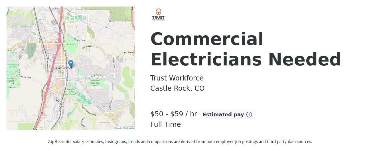 Trust Workforce job posting for a Commercial Electricians Needed in Castle Rock, CO with a salary of $52 to $62 Hourly with a map of Castle Rock location.
