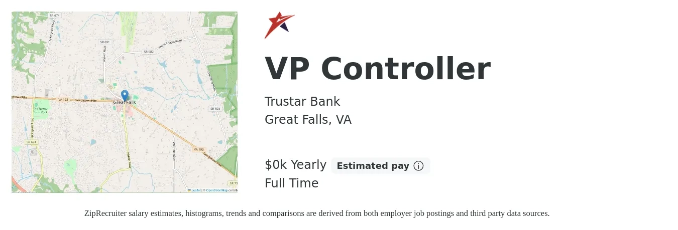 Trustar Bank job posting for a VP Controller in Great Falls, VA with a salary of $100 Yearly with a map of Great Falls location.