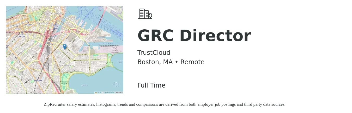 TrustCloud job posting for a GRC Director in Boston, MA with a salary of $135,800 to $162,400 Yearly with a map of Boston location.
