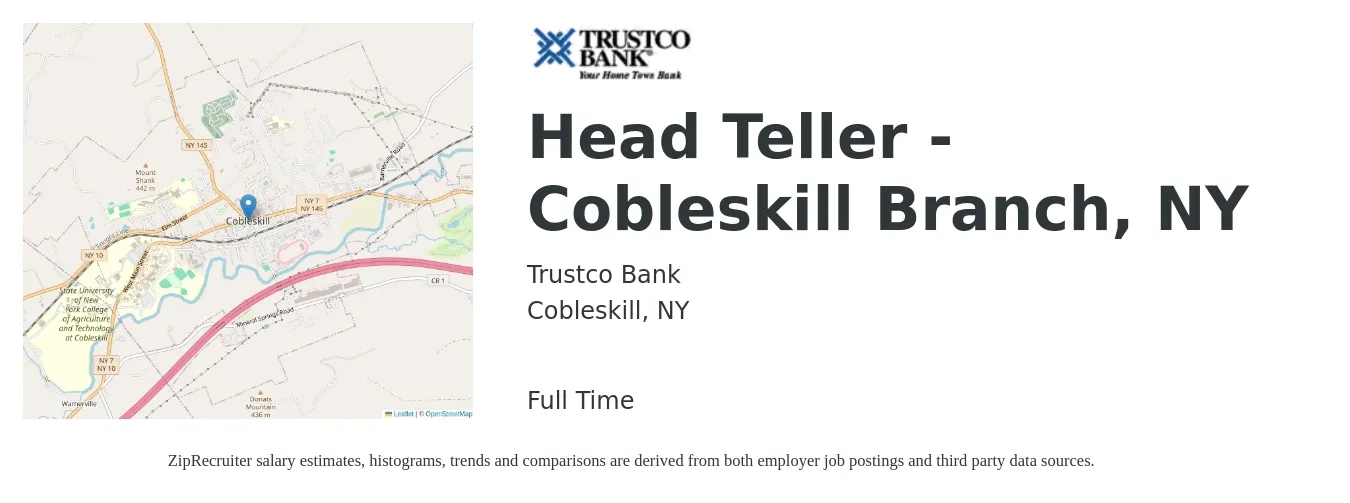 Trustco Bank job posting for a Head Teller - Cobleskill Branch, NY in Cobleskill, NY with a salary of $16 to $19 Hourly with a map of Cobleskill location.