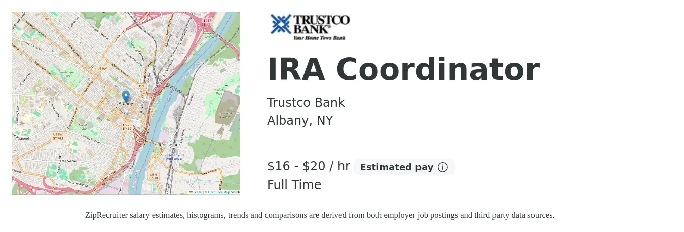 Trustco Bank job posting for a IRA Coordinator in Albany, NY with a salary of $17 to $21 Hourly with a map of Albany location.