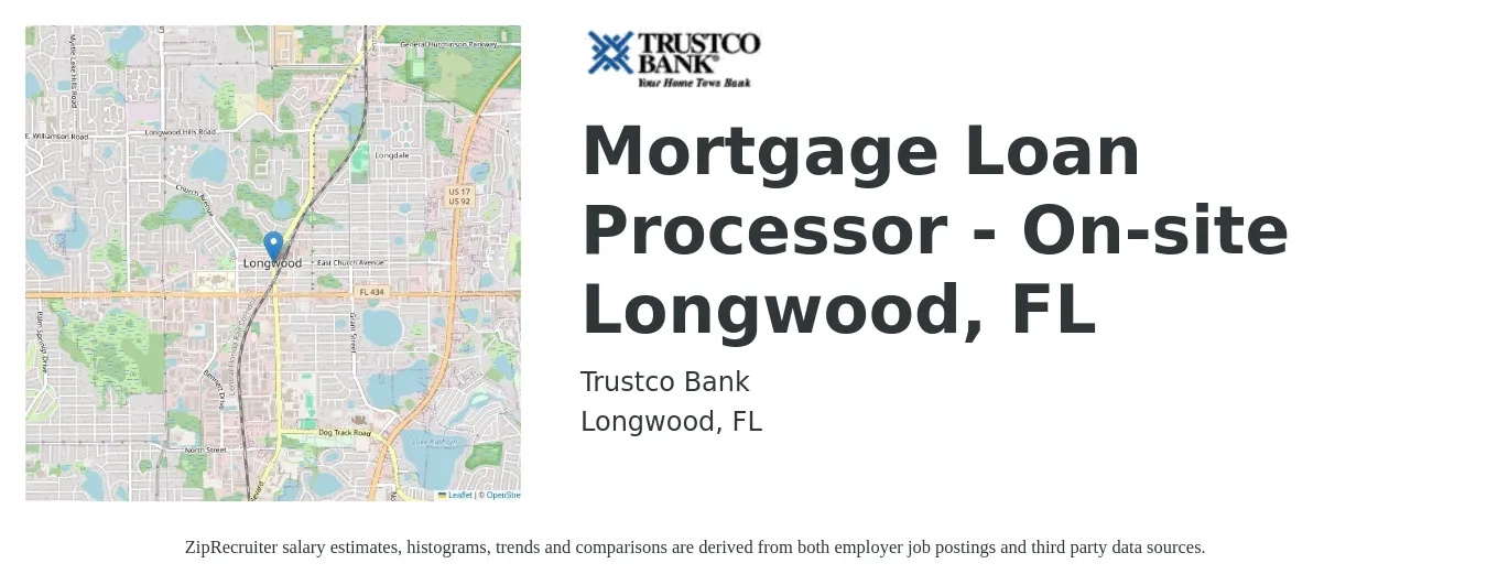 Trustco Bank job posting for a Mortgage Loan Processor - On-site Longwood, FL in Longwood, FL with a salary of $18 to $22 Hourly with a map of Longwood location.