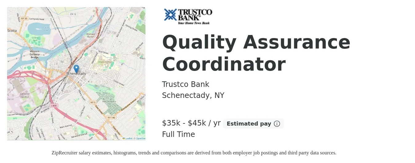 Trustco Bank job posting for a Quality Assurance Coordinator in Schenectady, NY with a salary of $35,000 to $45,000 Yearly with a map of Schenectady location.