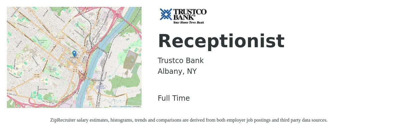 Trustco Bank job posting for a Receptionist in Albany, NY with a map of Albany location.