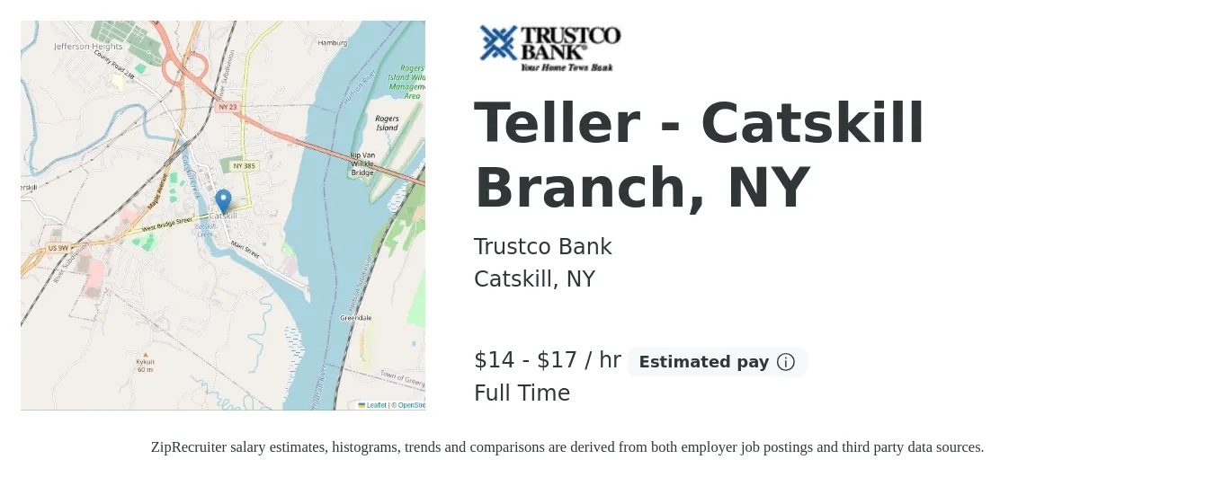 Trustco Bank job posting for a Teller - Catskill Branch, NY in Catskill, NY with a salary of $15 to $18 Hourly with a map of Catskill location.