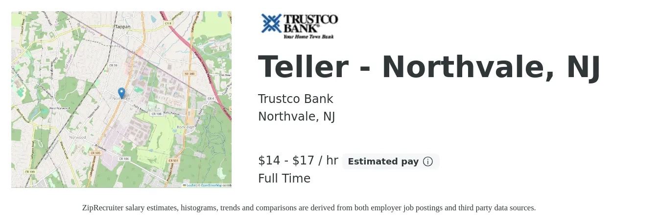 Trustco Bank job posting for a Teller - Northvale, NJ in Northvale, NJ with a salary of $15 to $18 Hourly with a map of Northvale location.
