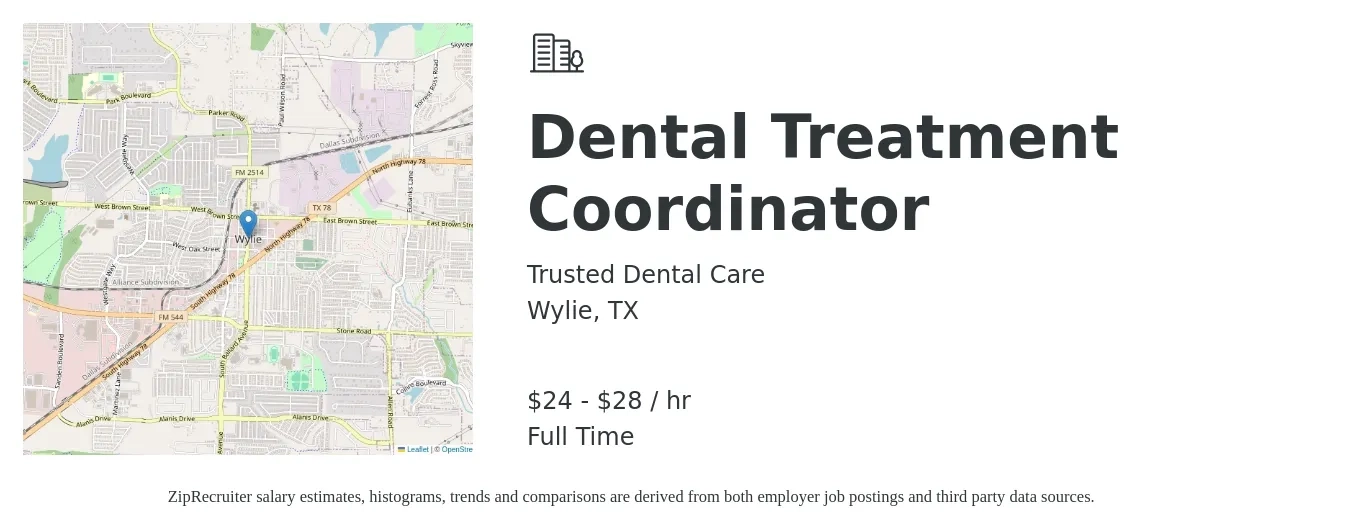 Trusted Dental Care job posting for a Dental Treatment Coordinator in Wylie, TX with a salary of $25 to $30 Hourly with a map of Wylie location.