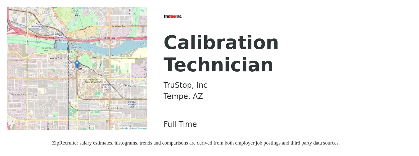 TruStop, Inc job posting for a Calibration Technician in Tempe, AZ with a salary of $21 to $29 Hourly with a map of Tempe location.