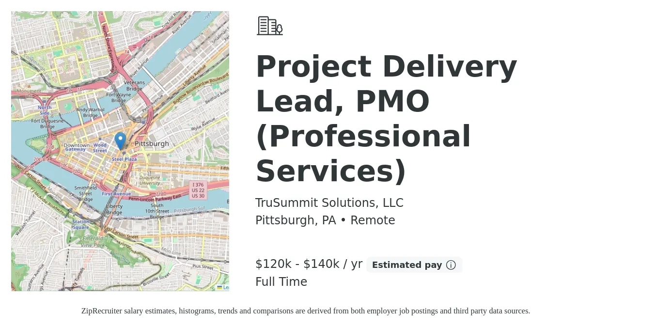 TruSummit Solutions, LLC job posting for a Project Delivery Lead, PMO (Professional Services) in Pittsburgh, PA with a salary of $120,000 to $140,000 Yearly with a map of Pittsburgh location.