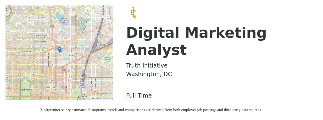 Truth Initiative job posting for a Digital Marketing Analyst in Washington, DC with a salary of $75,000 to $79,000 Yearly with a map of Washington location.