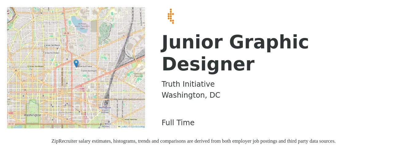 Truth Initiative job posting for a Junior Graphic Designer in Washington, DC with a salary of $58,000 to $65,000 Yearly with a map of Washington location.