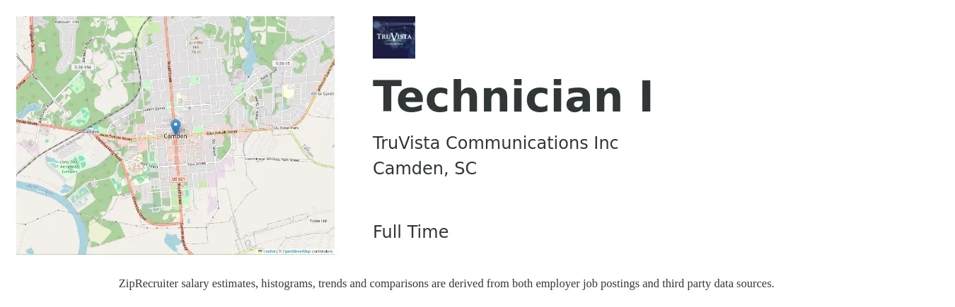 TruVista Communications Inc job posting for a Technician I in Camden, SC with a salary of $15 to $21 Hourly with a map of Camden location.