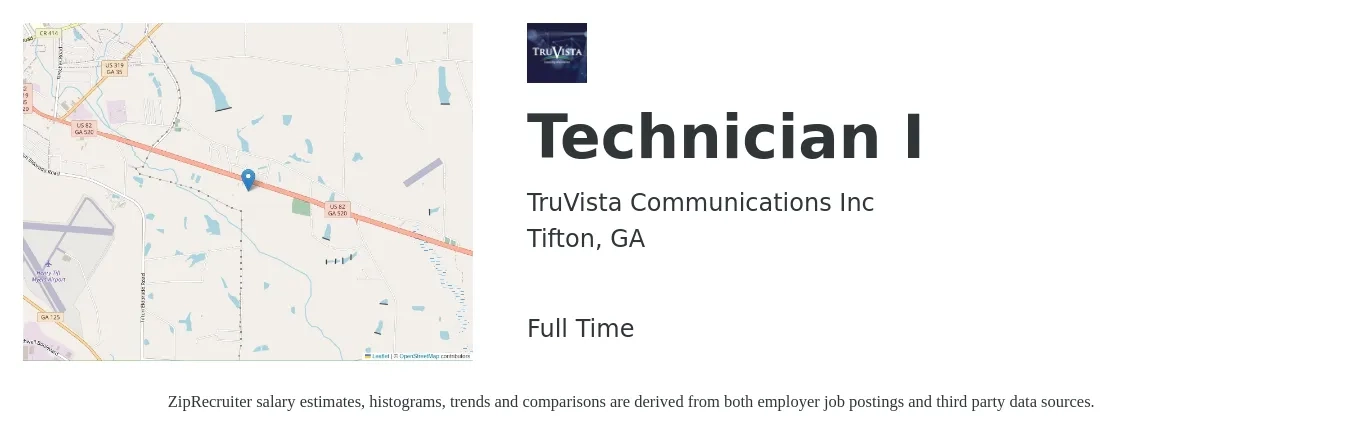 TruVista Communications Inc job posting for a Technician I in Tifton, GA with a salary of $15 to $21 Hourly with a map of Tifton location.