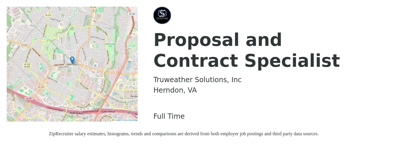 Truweather Solutions, Inc job posting for a Proposal and Contract Specialist in Herndon, VA with a salary of $52,400 to $82,200 Yearly with a map of Herndon location.